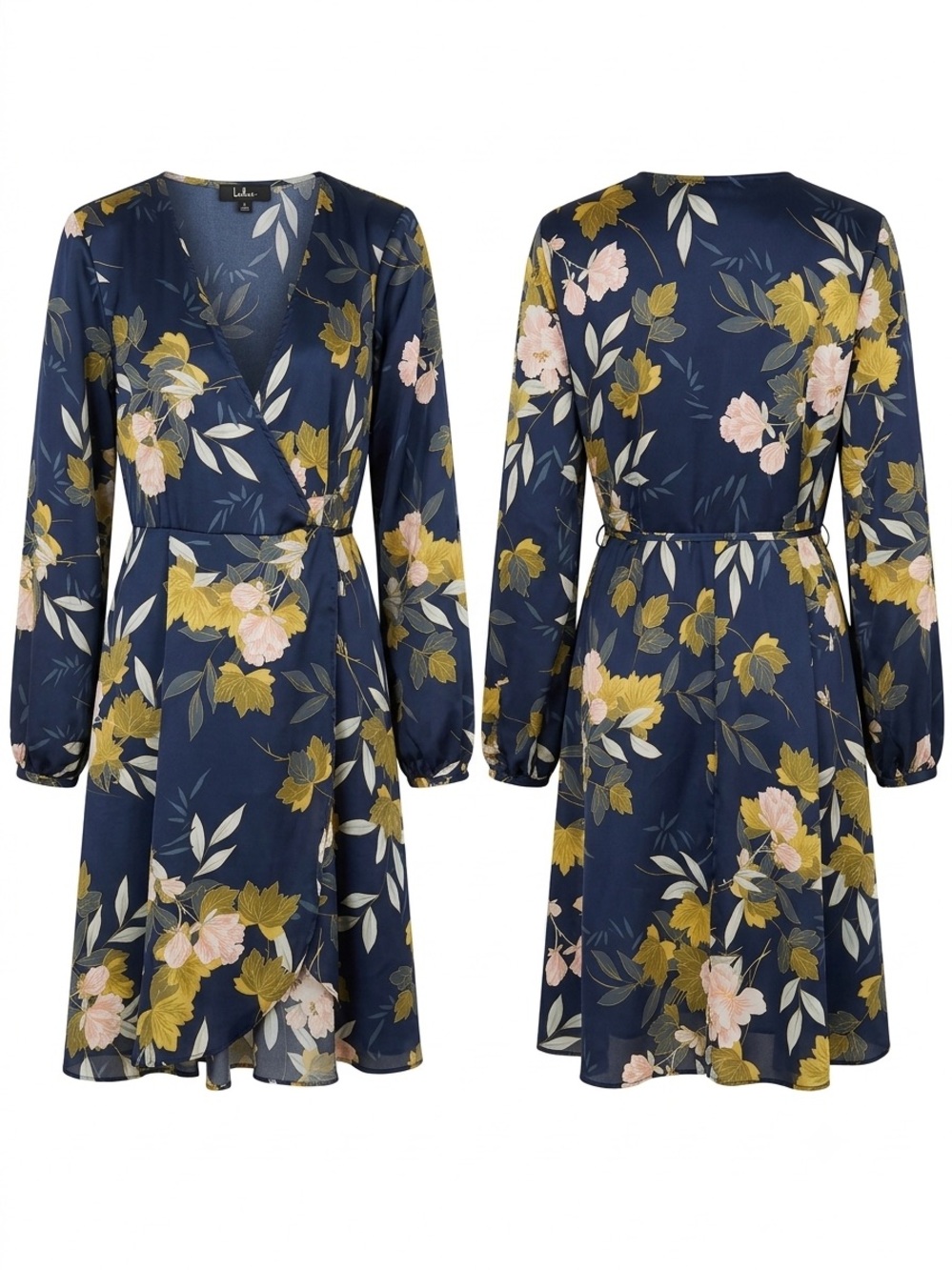 Lulu's Navy Floral Wrap Dress with Pink & Olive Blooms